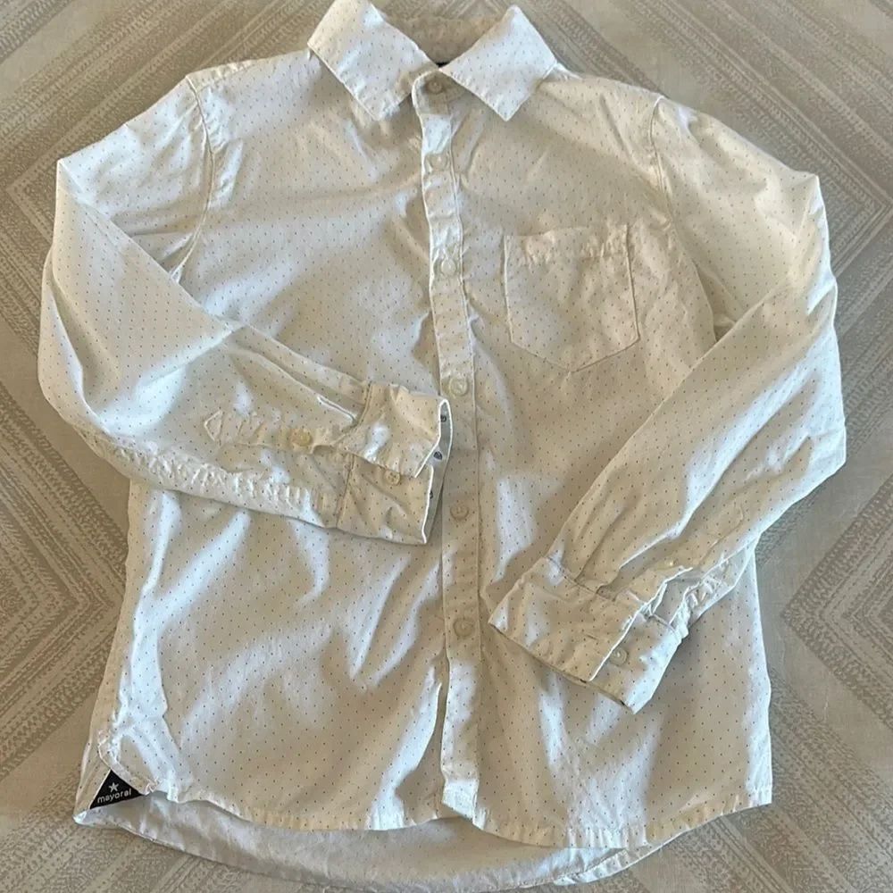 Mayoral Boys White Button-Up Slim Fit Polka Brown Dot Shirt - Size 7